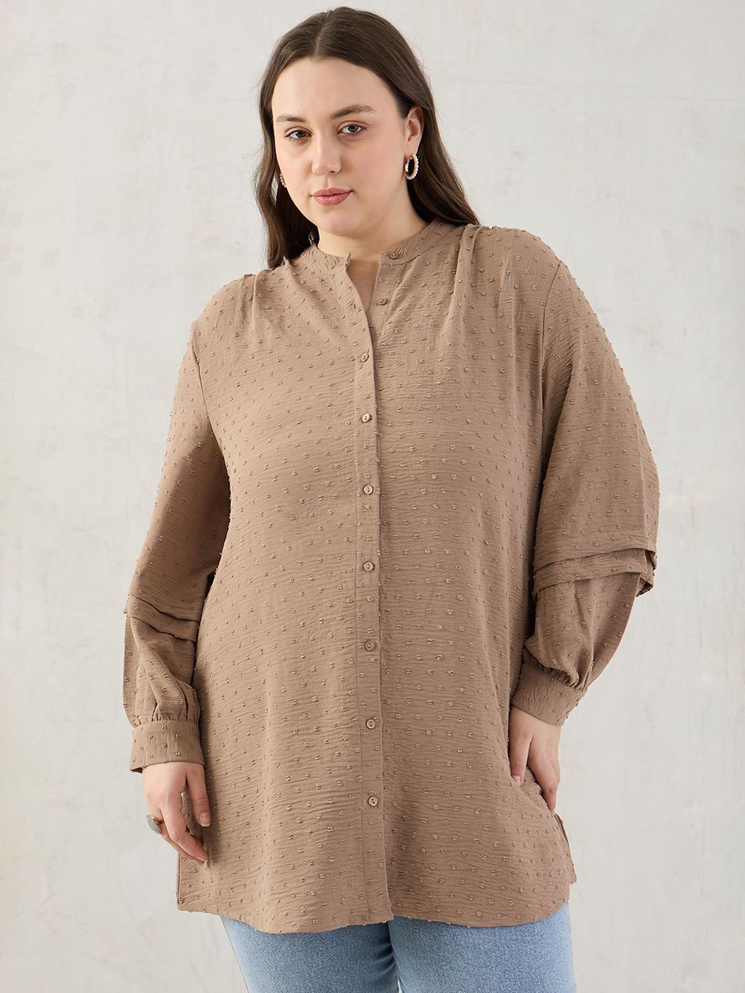 FEMMELLA Women Relaxed Fit Mandarin Collar Textured Casual Shirt