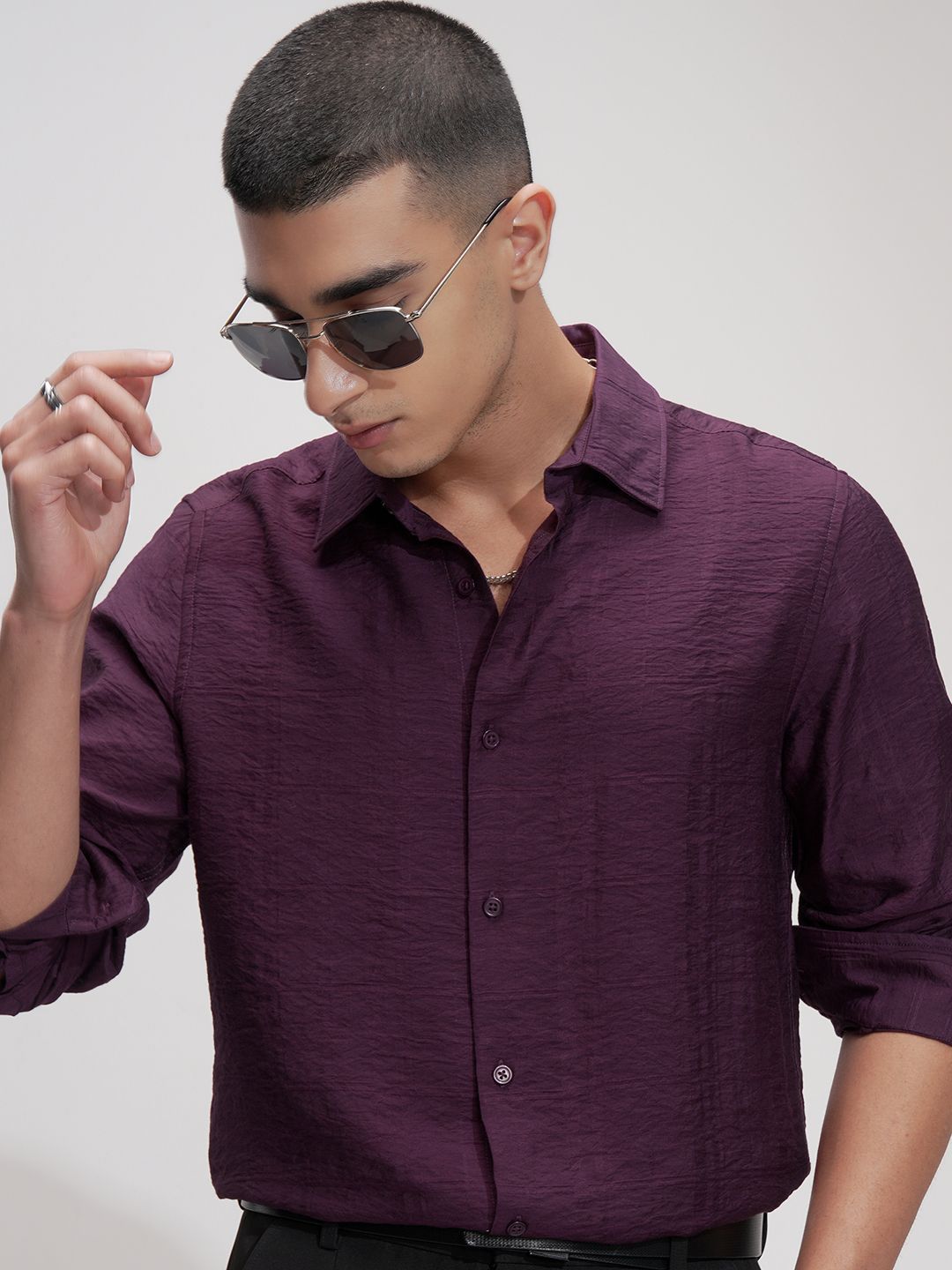 HIGHLANDER Men Spread Collar Textured Formal Regular Fit Shirt