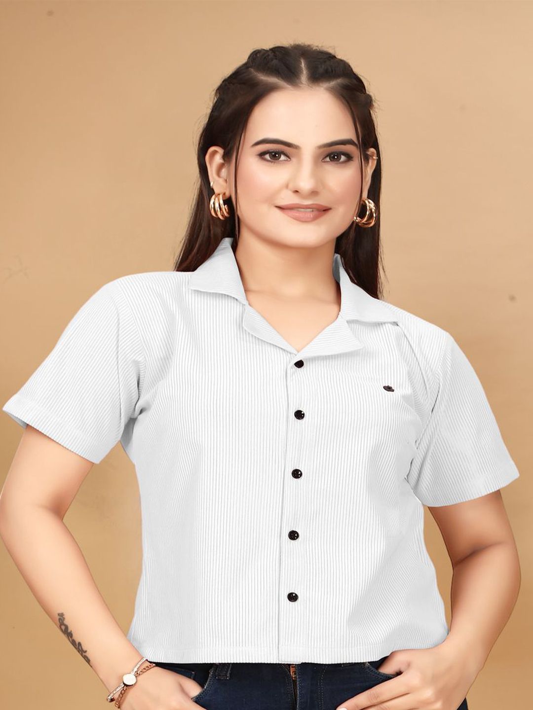White Pinstriped Boxy Fit Spread Collar Casual Shirt
