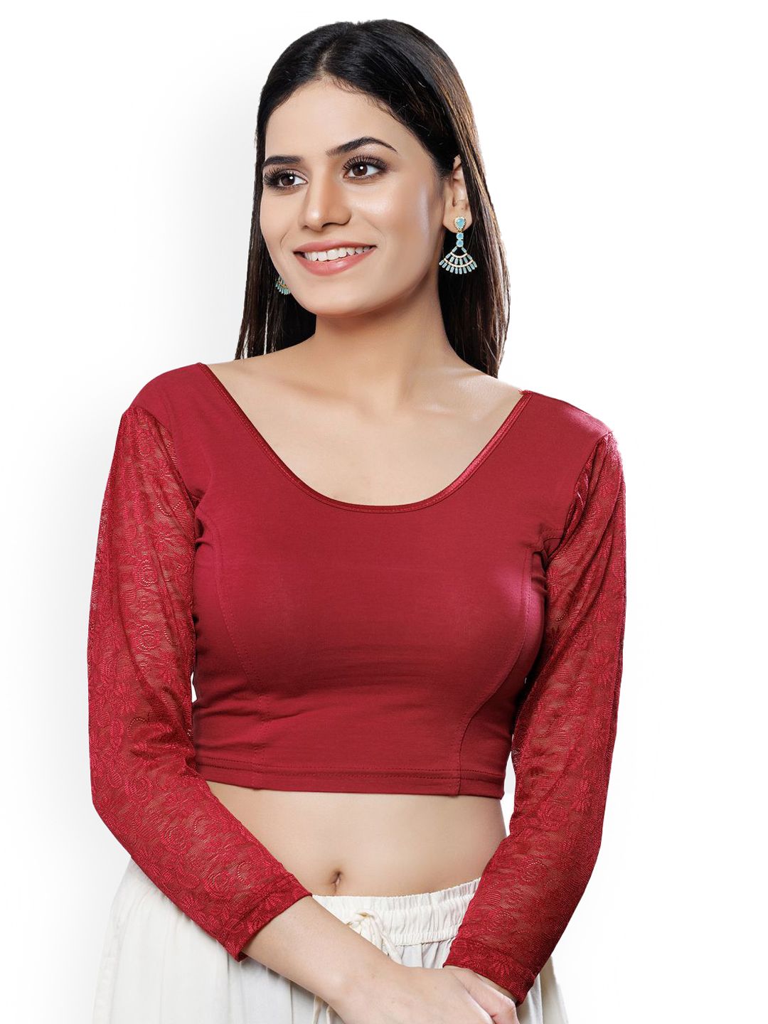 Embroidered Lace Detailed Round Neck Non-Padded Readymade Blouse