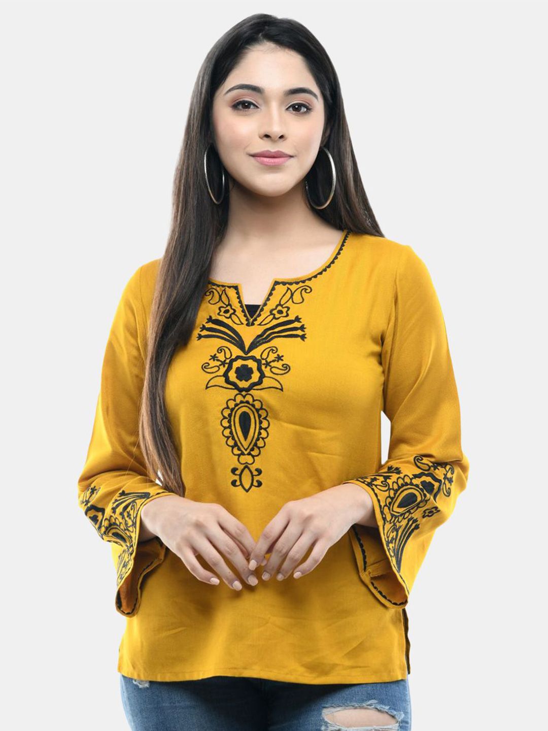 VAAMII Ethnic Motifs Embroidered Bell Sleeve Top