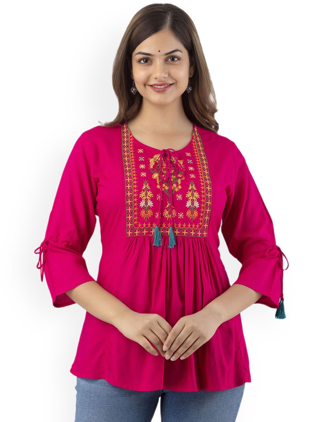 DMP FASHION Floral Embroidered Thread Work Tie-Up Neck Anarkali KurtI