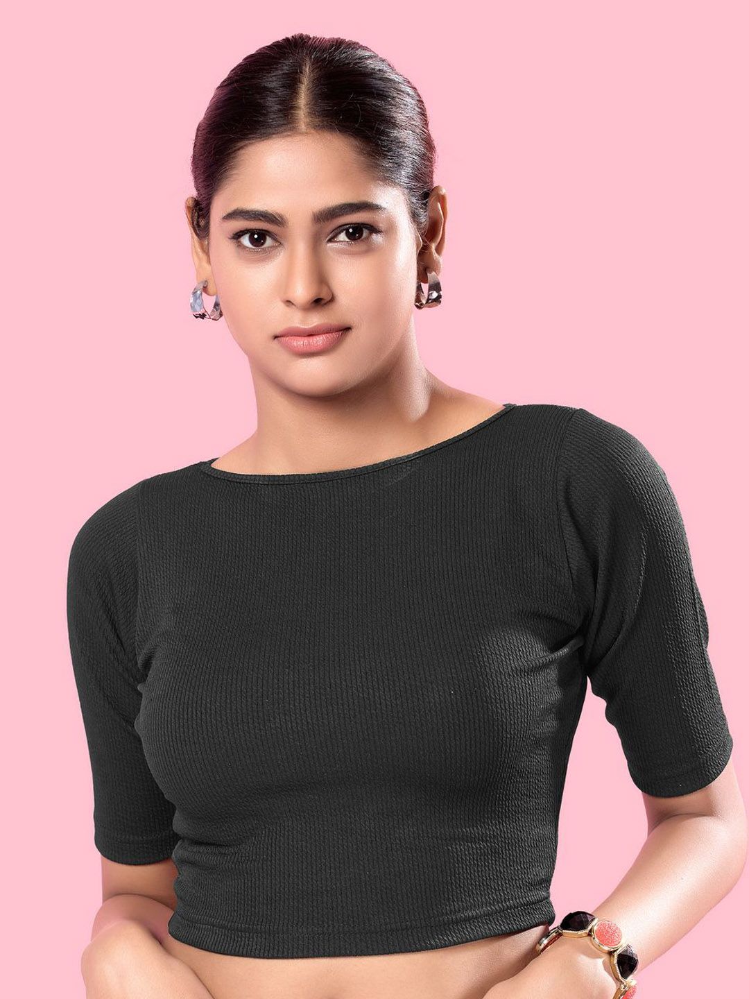 Solid Silk Round Neck Short Sleeves Non-Padded Readymade Blouse