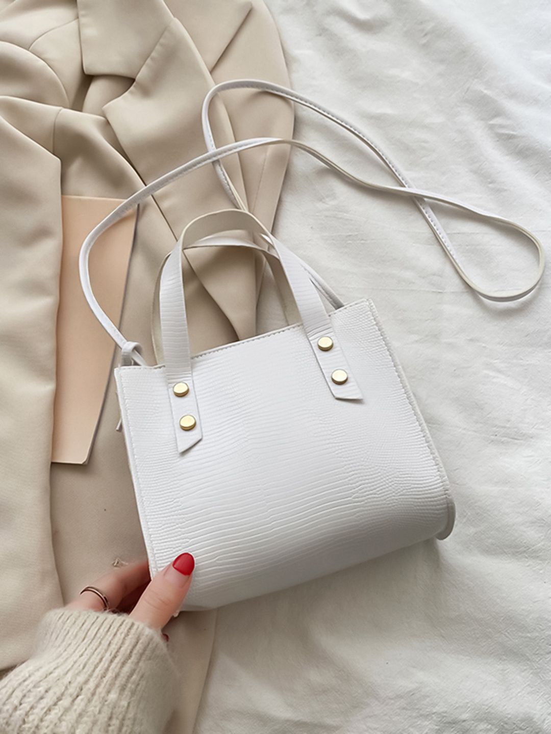 HAUTE SAUCE White Textured PU Bucket Handheld Bag with Quilted
