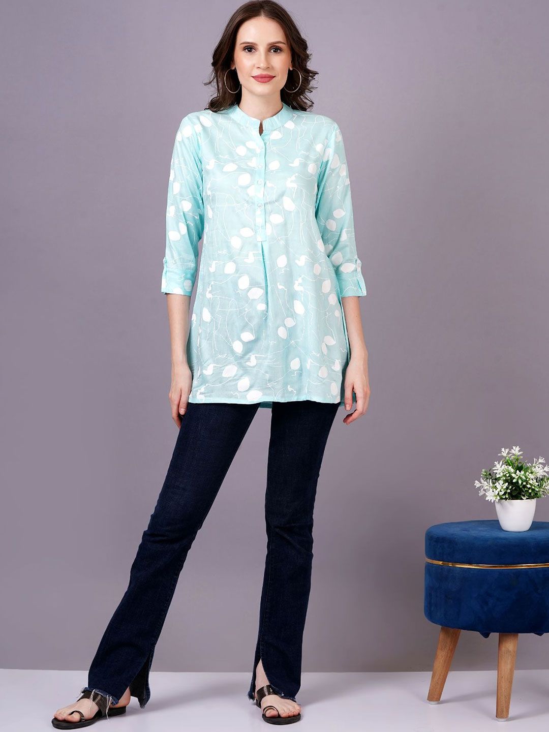 OH MI DIOS Floral Print Mandarin Collar Shirt Style Top