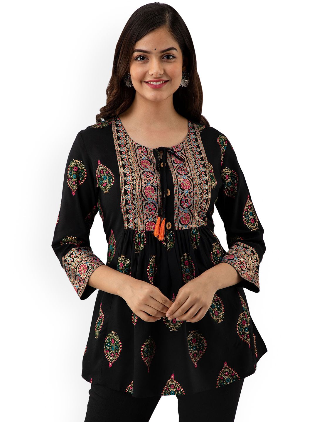 DMP FASHION Floral Printed Tie-Up Neck A-Line Kurtis