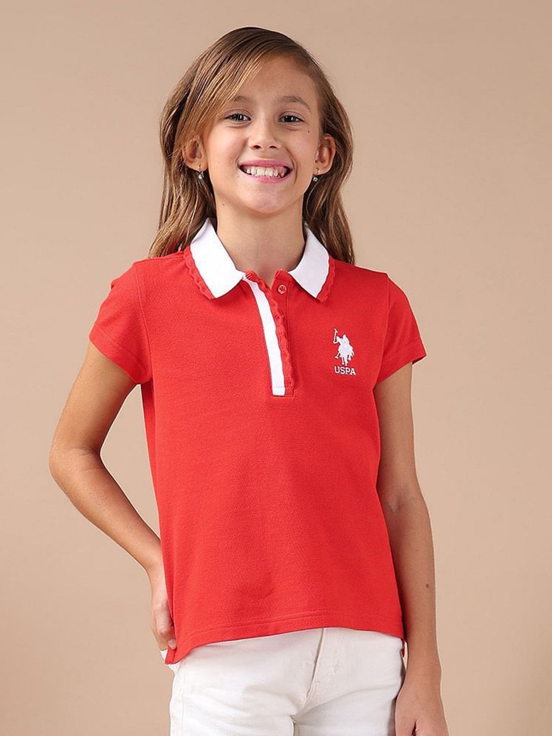 U.S. Polo Assn. Kids Girls Contrast Collar Relaxed Fit Polo Shirt