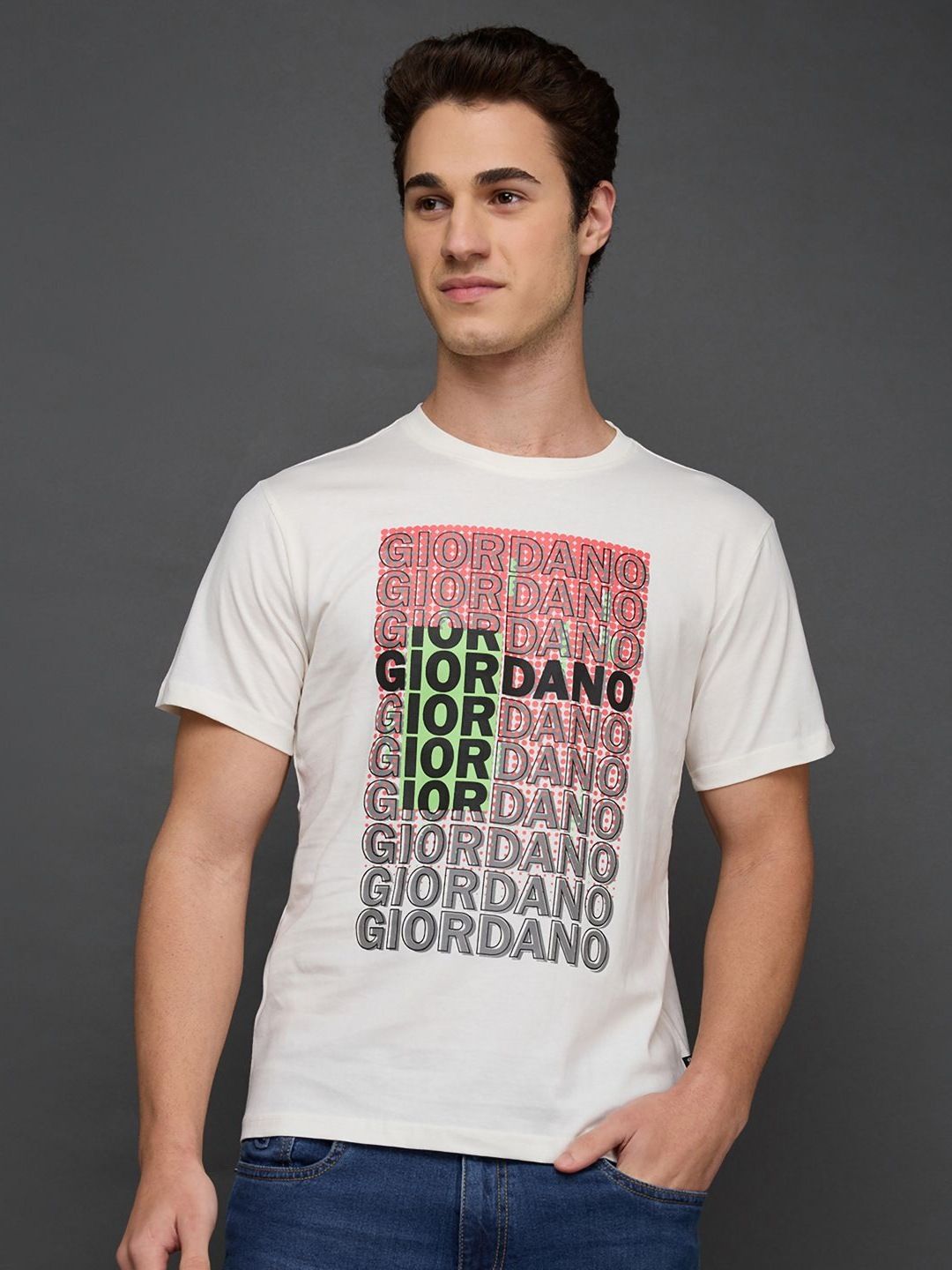GIORDANO Men Typography Printed Round Neck Cotton T-shirt