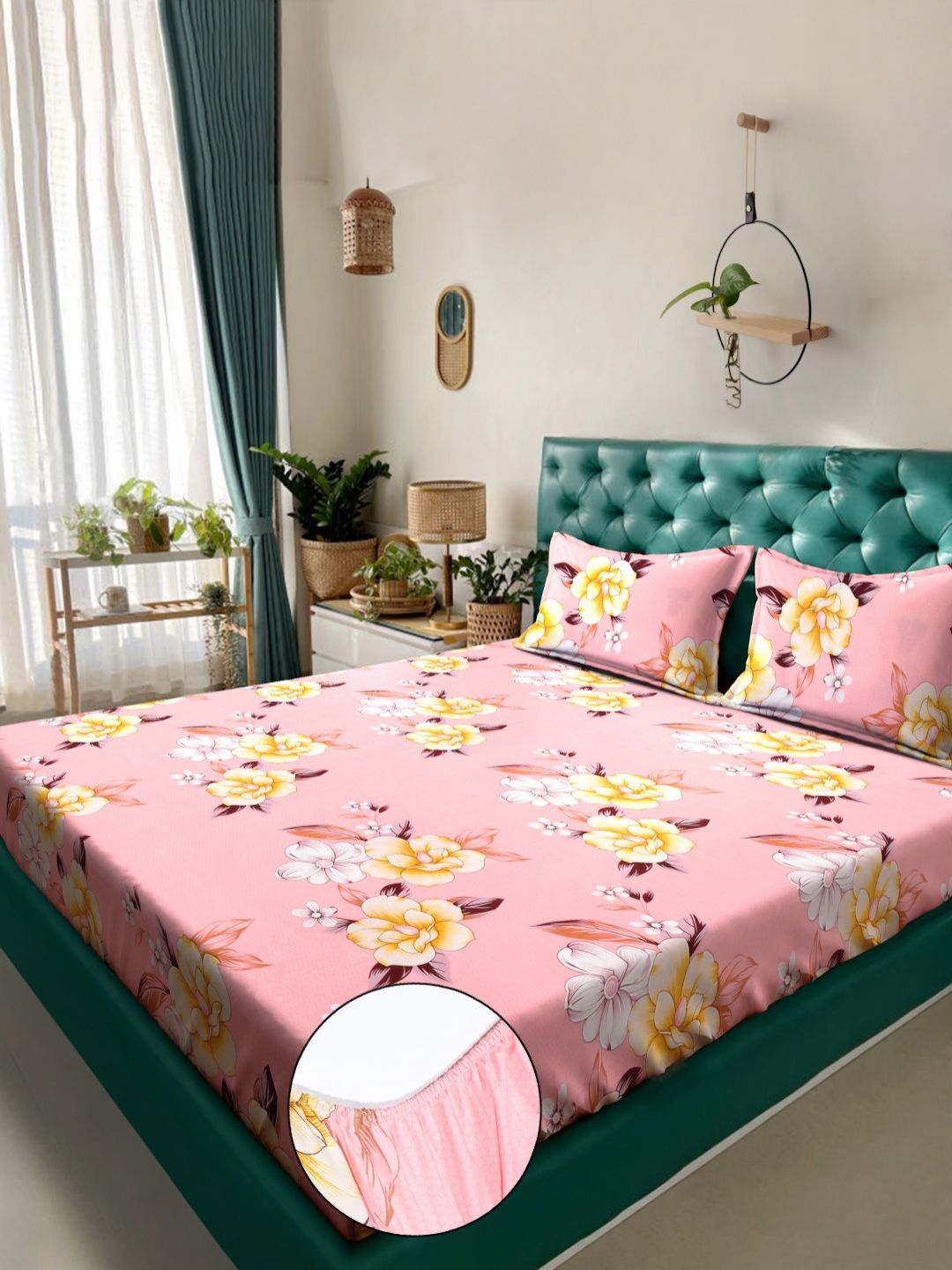 KLOTTHE Pink & White Floral Printed Fitted 300 TC Double King Bedsheet With 2 Pillow Cover