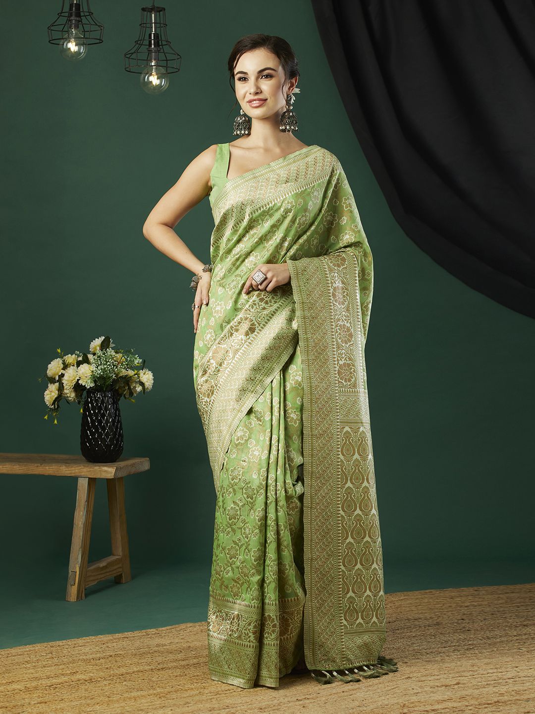 HERE&NOW Ethnic Motifs Zari Pure Linen Saree