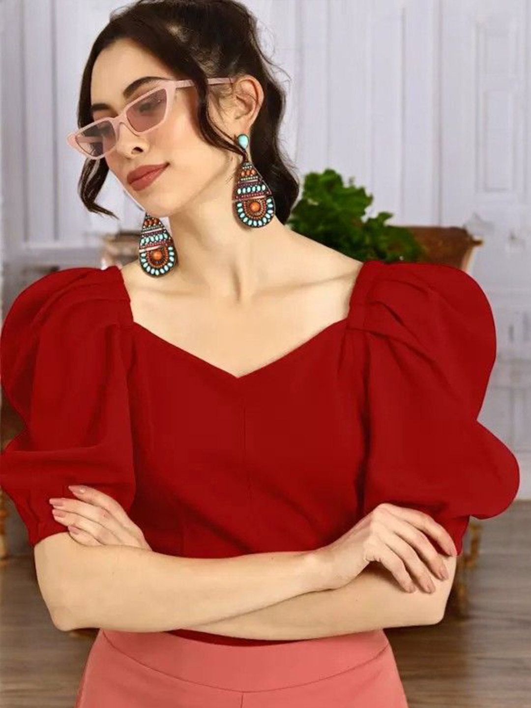 ZEUGEN Cherry Red Sweetheart Neck Puff Sleeve Top