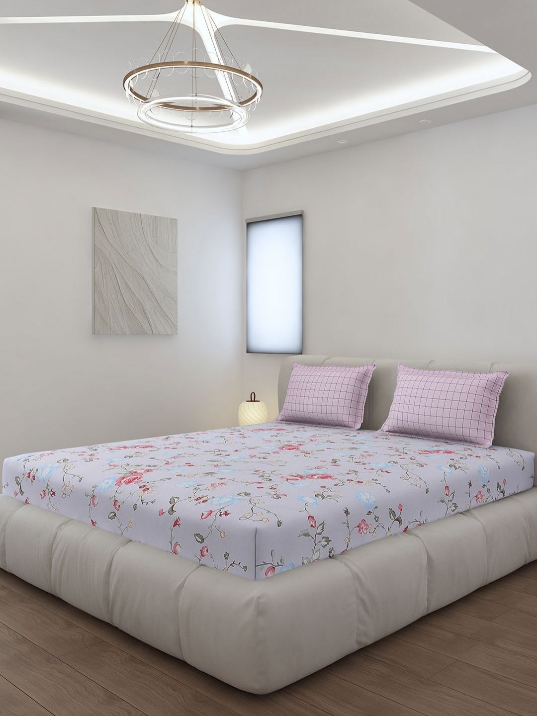 Monte Carlo Blue Floral Polyester 144 TC King Bedsheet with 2 Pillow Covers-98 x 108 inches