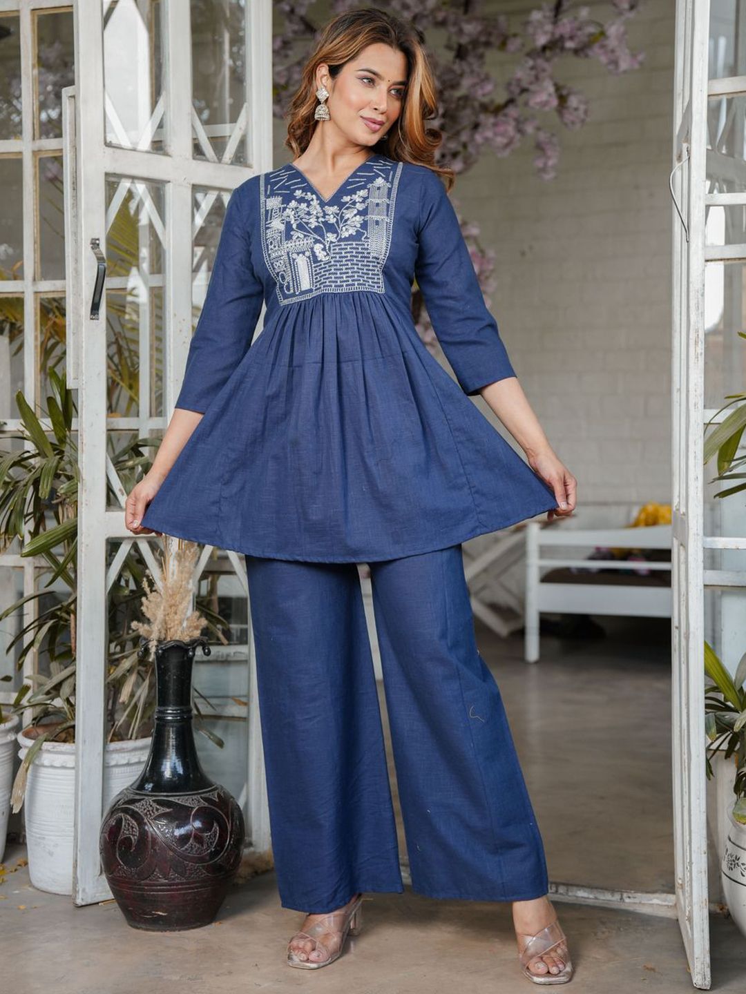 Buy SINGNI Embroidered Pure Cotton V Neck Top With Palazzo Co Ords -  - Apparel for Women