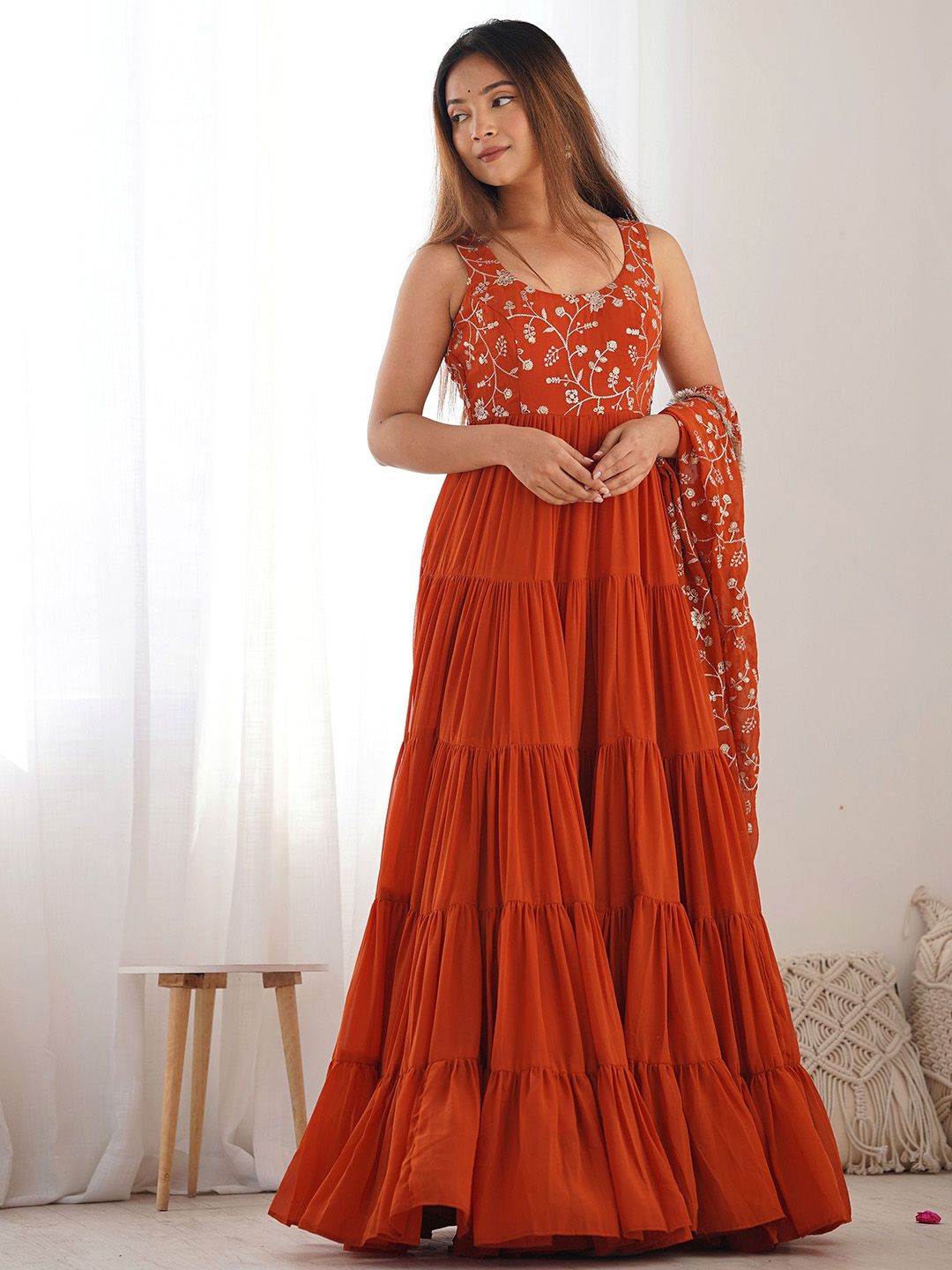 CULTISE QUEEN Floral Embroidered Georgette Anarkali Kurta with Trousers & Dupatta
