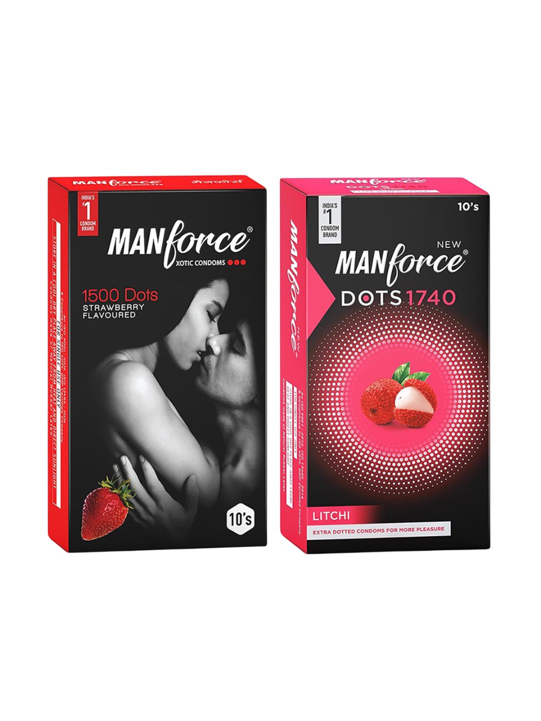 Manforce Men 2Pcs 1500 Dots Strawberry Condoms & Dots 1740 Lichi Condoms - 10 Pcs Each