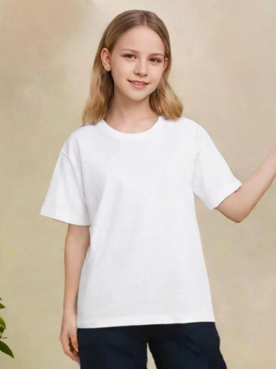 Shajiv Girls Solid Round Neck Cotton T-shirt