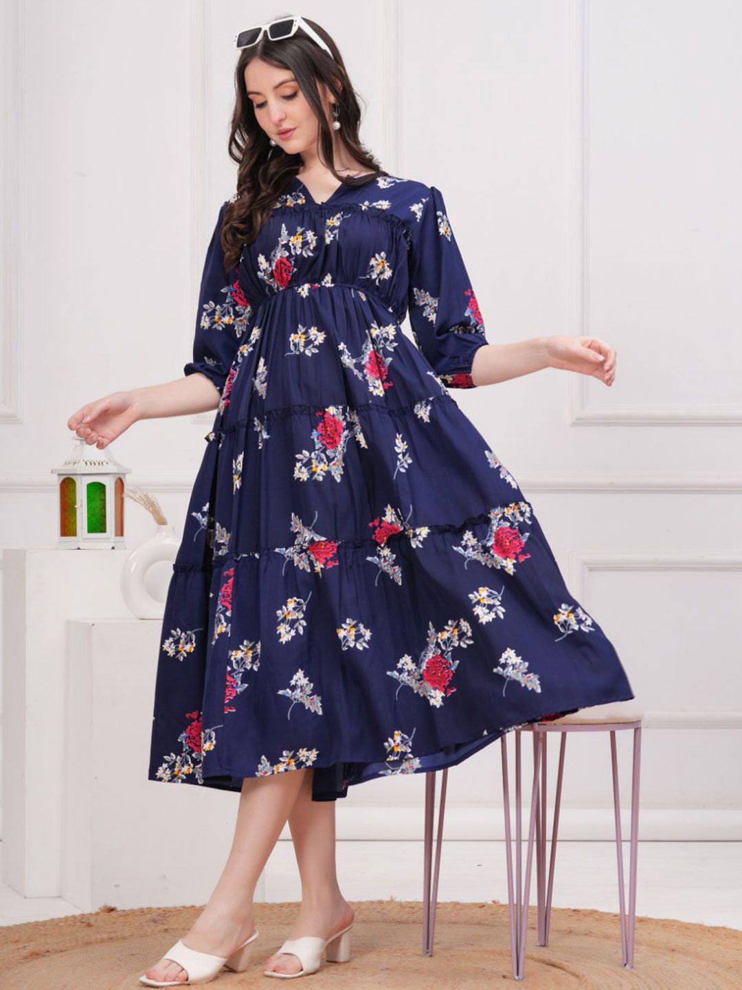 OH MI DIOS Floral Printed Puff Sleeve Crepe Tiered Fit & Flare Midi Dress