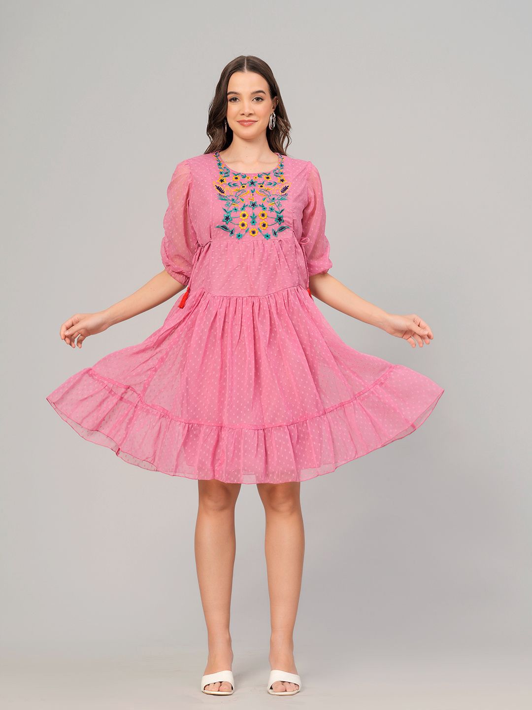 OH MI DIOS Women Embroidered Puff Sleeves Fit & Flare Dress