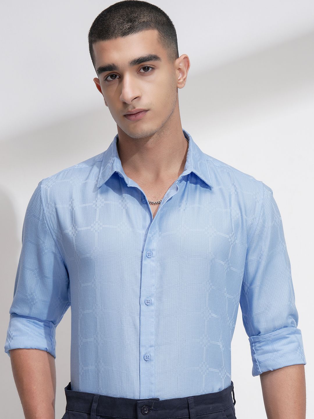 HIGHLANDER Men Comfort Slim Fit Textured Spread Collar Cotton Casual Shirt
