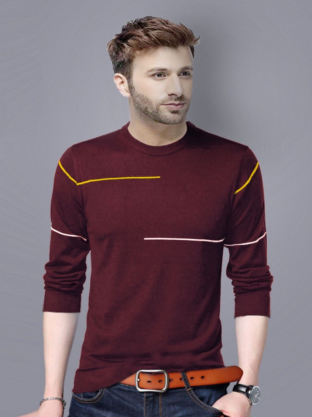 REYA Men Striped Round Neck Cotton T-shirt