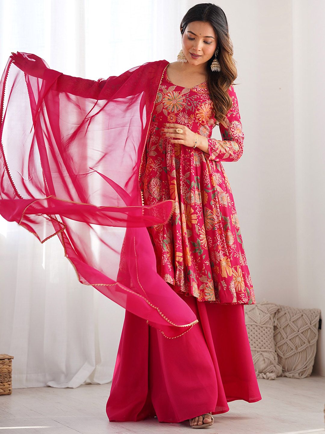 CULTISE QUEEN Floral Printed Empire Chanderi Silk Anarkali Kurta with Palazzos & Dupatta