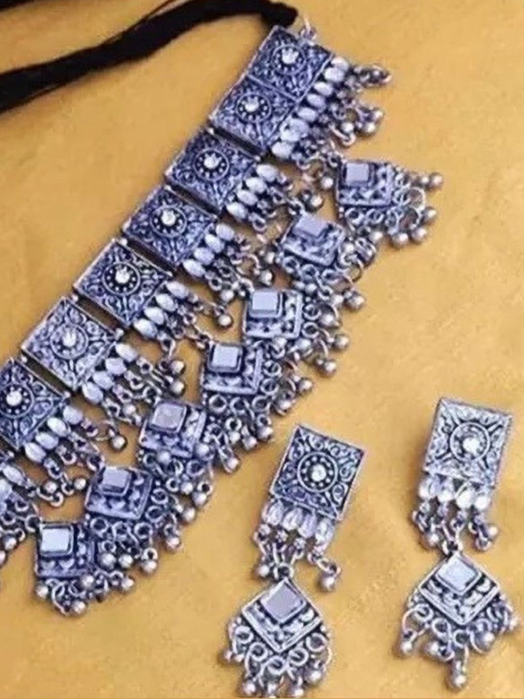 SZN Mirror Studded Oxidised Necklace & Earrings
