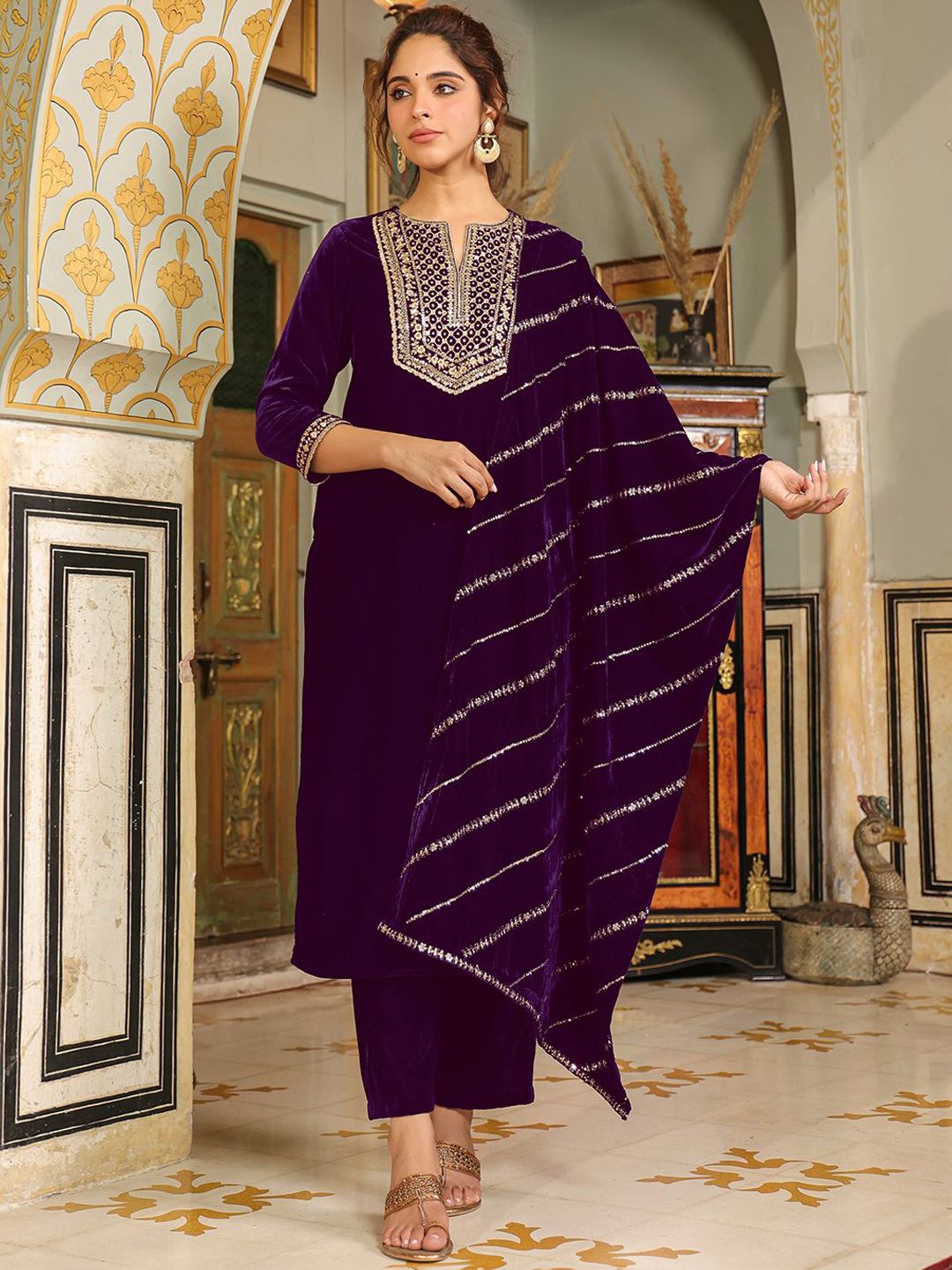 KALINI Floral Yoke Design Sequinned Notch Neck Velvet Kurta With Trousers & Dupatta