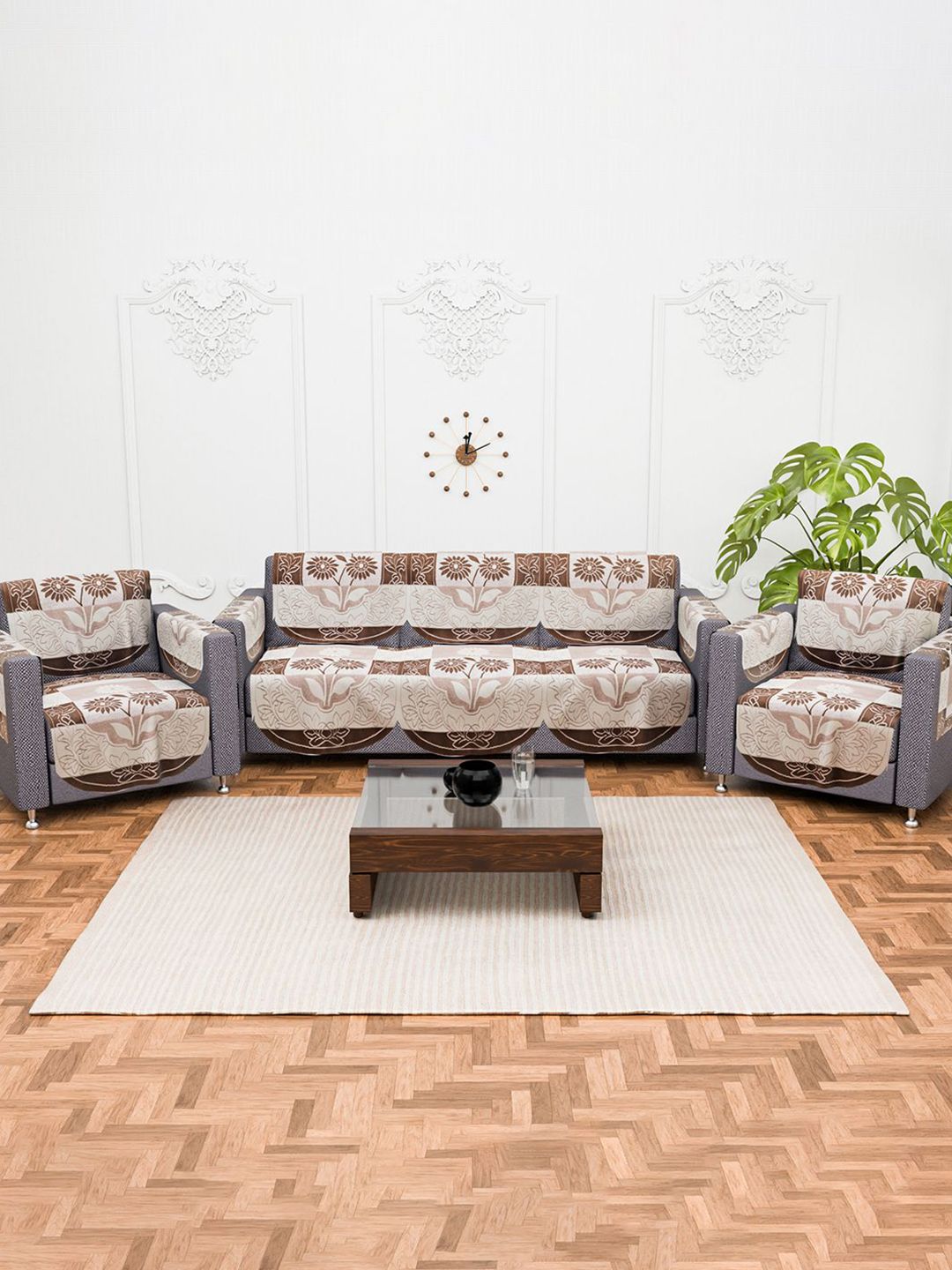 Kuber Industries Cotton Quick Dry 16PC 5 Seater Sofa Cover with Arms Cover-69x31In
