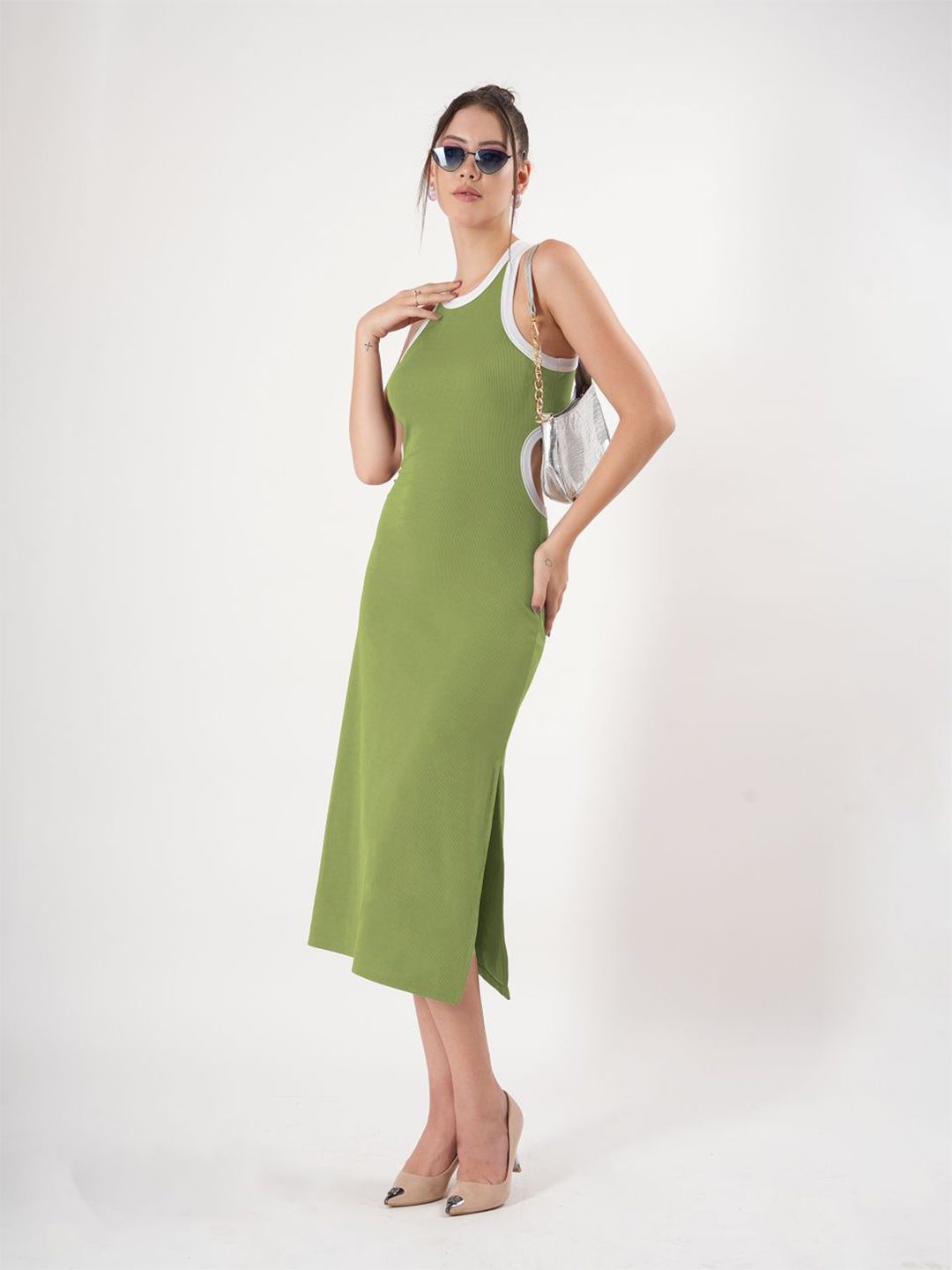 clobug Women Round Neck Sleeveless Cut-Outs Bodycon Midi Dress