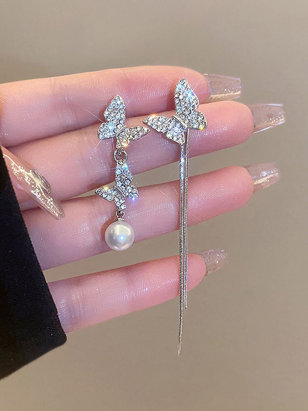 YouBella Silver-Plated Artificial Stones Studded And Beaded Contemporary Drop Earrings