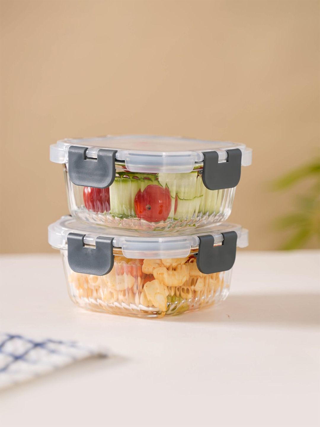 Nestasia 2 Pcs Airtight Glass Food Storage Container Lunch Box Set with Clip-on Lid 300ml