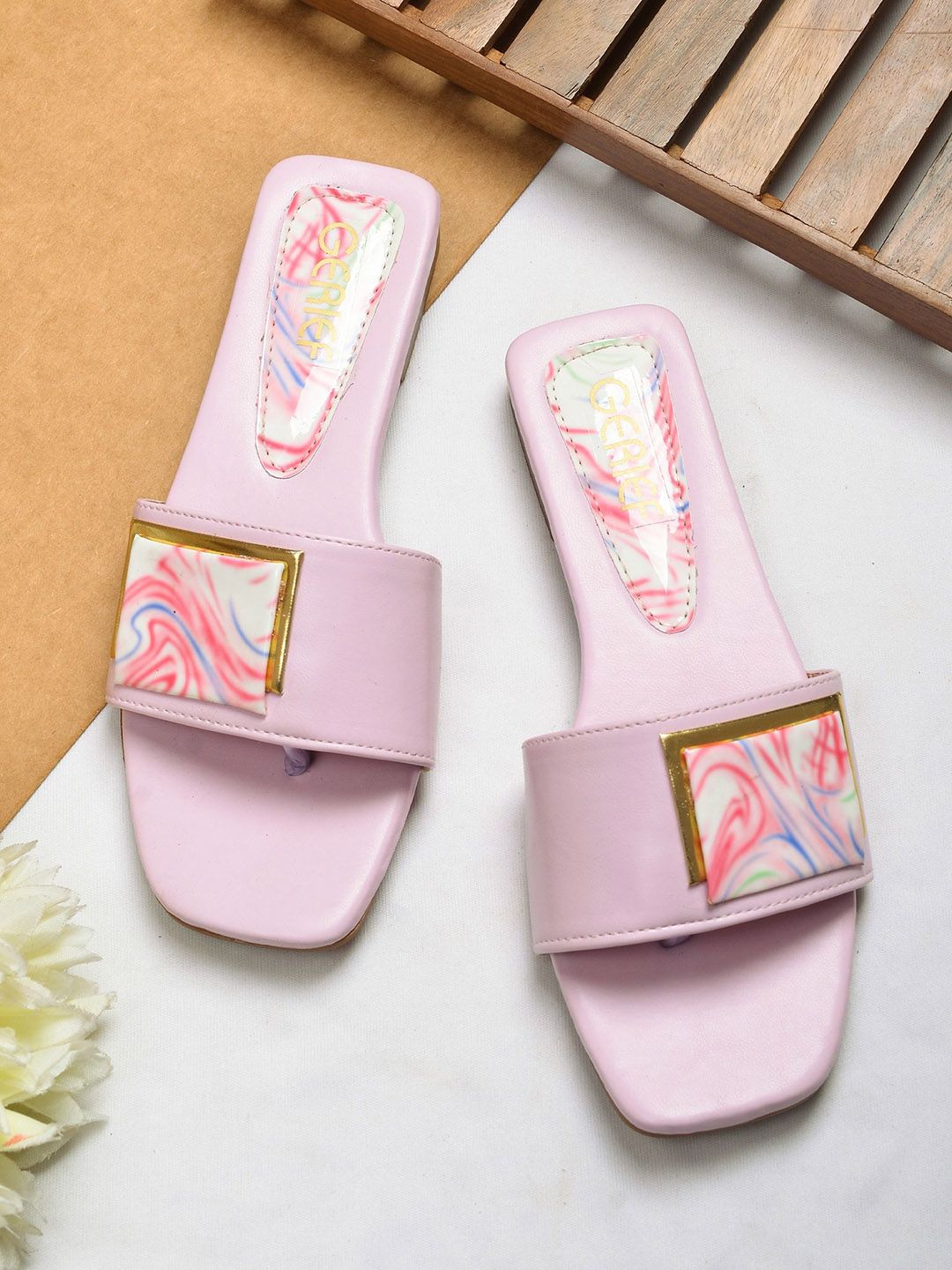 GERIEF Women Printed Open Toe Flats with Buckles Detail