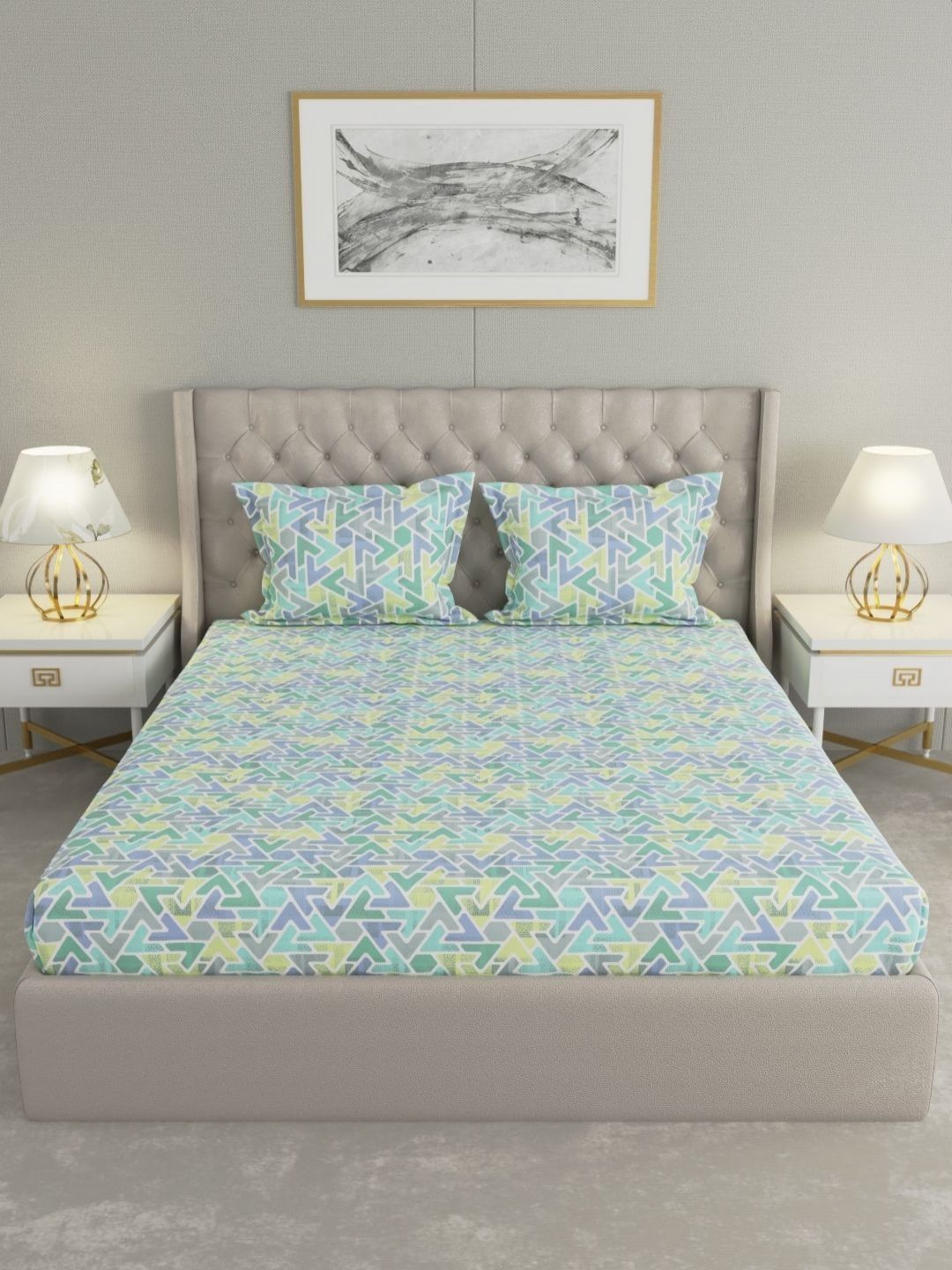 Raymond Home Green & Grey Geometric 200 TC Queen Bedsheet with 2 Pillow Covers