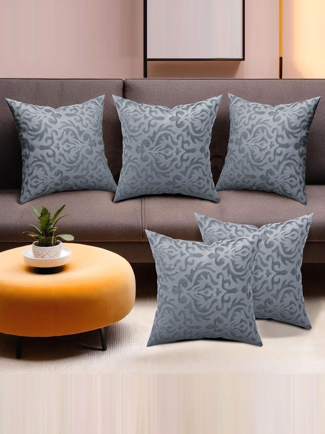 Aura Zip Floral Ethnic Motifs Velvet Durable 5 Pcs Square Cushion Covers - 15.7 x 15.7 In