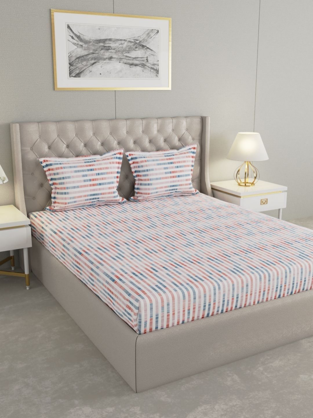 Buy Raymond Home White & Blue Geometric 200 TC Queen Bedsheet With 2 Pillow Covers -  - Home for Unisex
