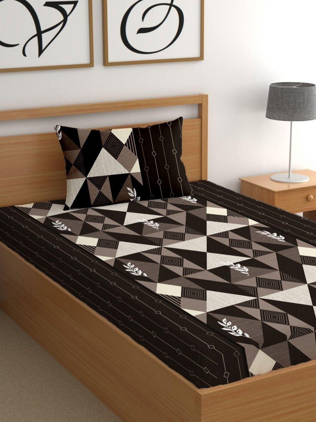 CG HOMES Brown Geometric Cotton 180 TC Single Fine Bedsheet with a Pillow Cover-215 x 150 cm