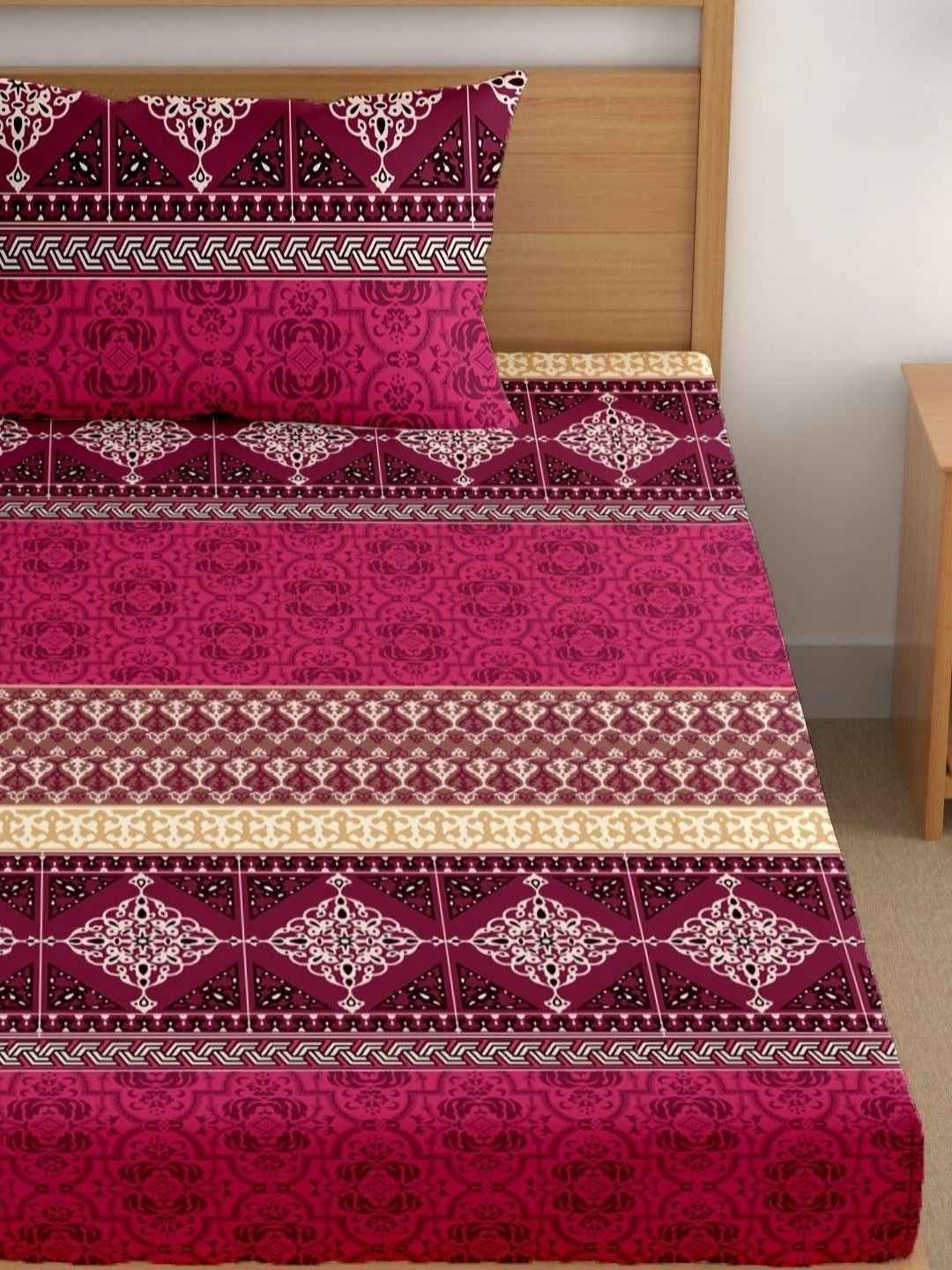 CG HOMES Maroon & Beige Ethnic Motifs 180 TC Single Bedsheet with 1 Pillow Covers