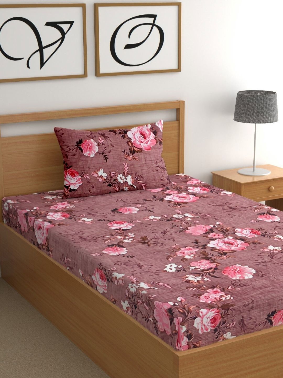 CG HOMES Pink Floral Cotton 180 TC Single Bedsheet with a Pillow Cover-85 x 59 inches