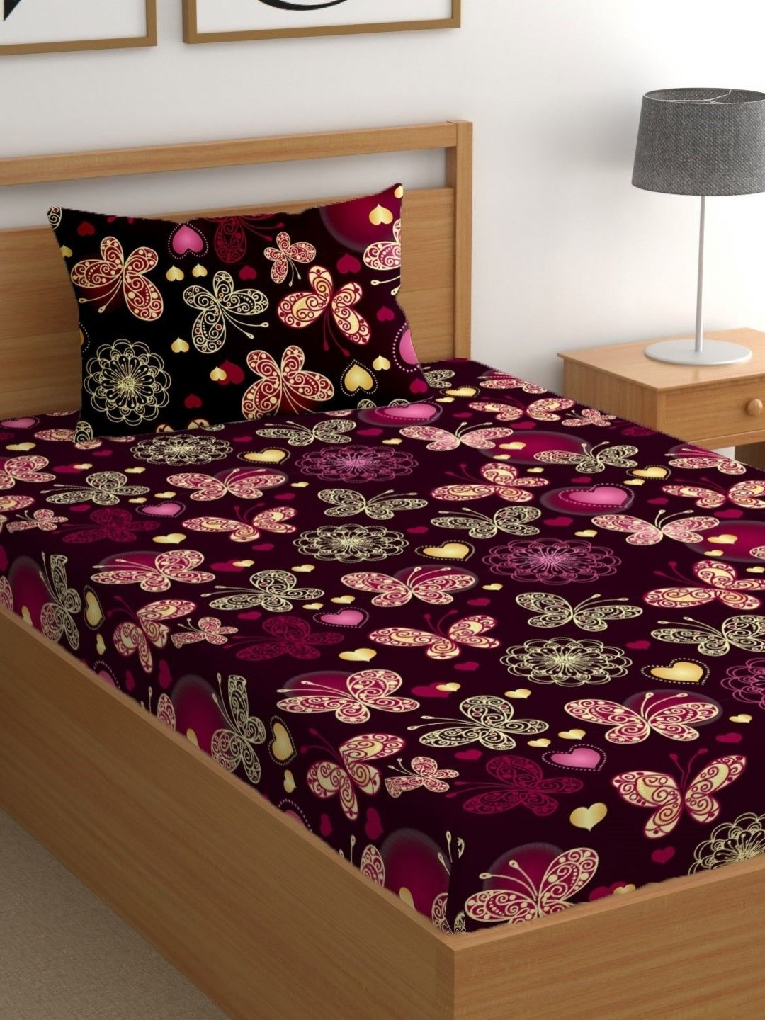 Buy CG HOMES Purple Graphic Pure Cotton 180 TC Fitted Single Fine Bedsheet With A Pillow Cover 85 X 59 Inches -  - Home for Unisex