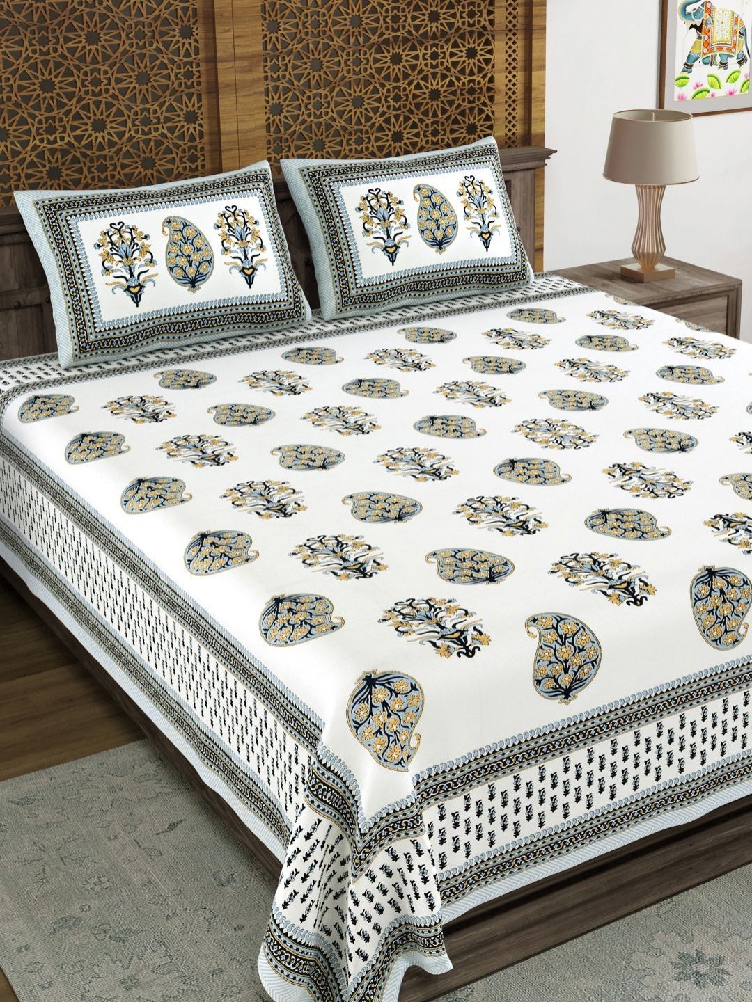Buy BLOCKS OF INDIA Blue Ethnic Motifs Cotton 210 TC King Fine Bedsheet With 2 Pillow Covers 228 X 274 Cm -  - Home for Unisex