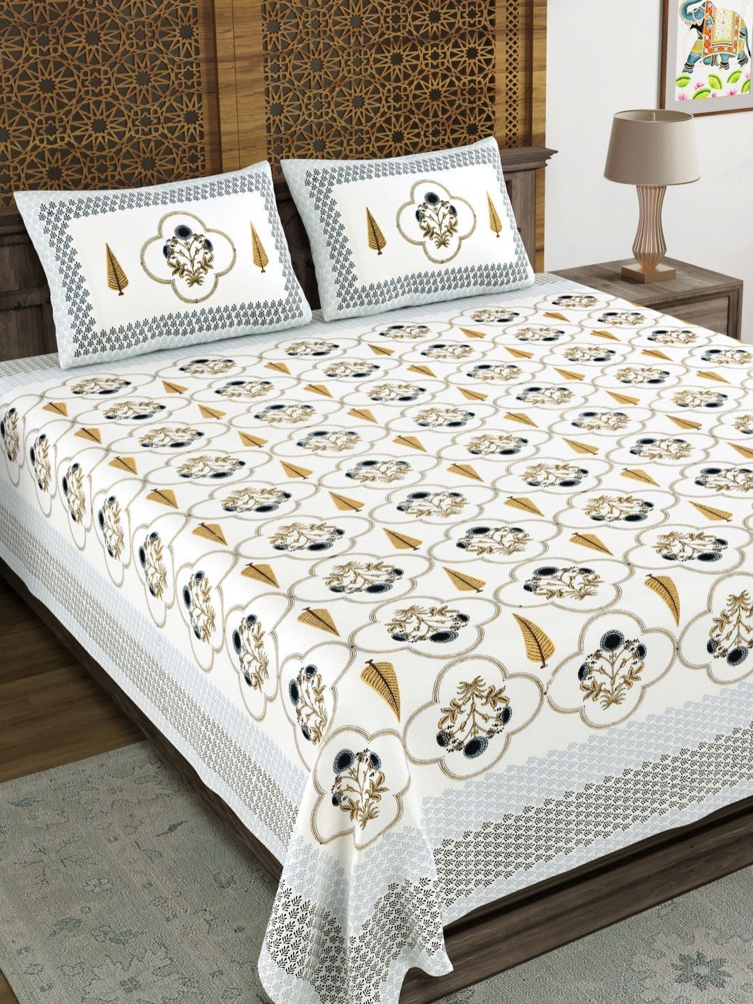 Buy BLOCKS OF INDIA White Floral Cotton 210 TC King Fine Bedsheet With 2 Pillow Covers 90 X 108 Inches -  - Home for Unisex