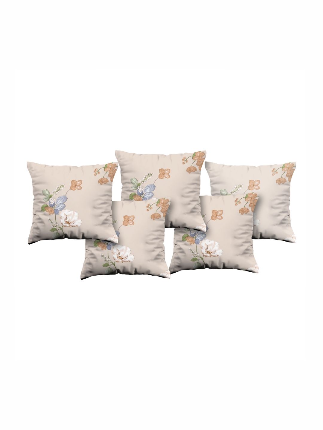 Florida Beige & Green 5 Pieces Floral Printed Pure Cotton Square Cushion Covers