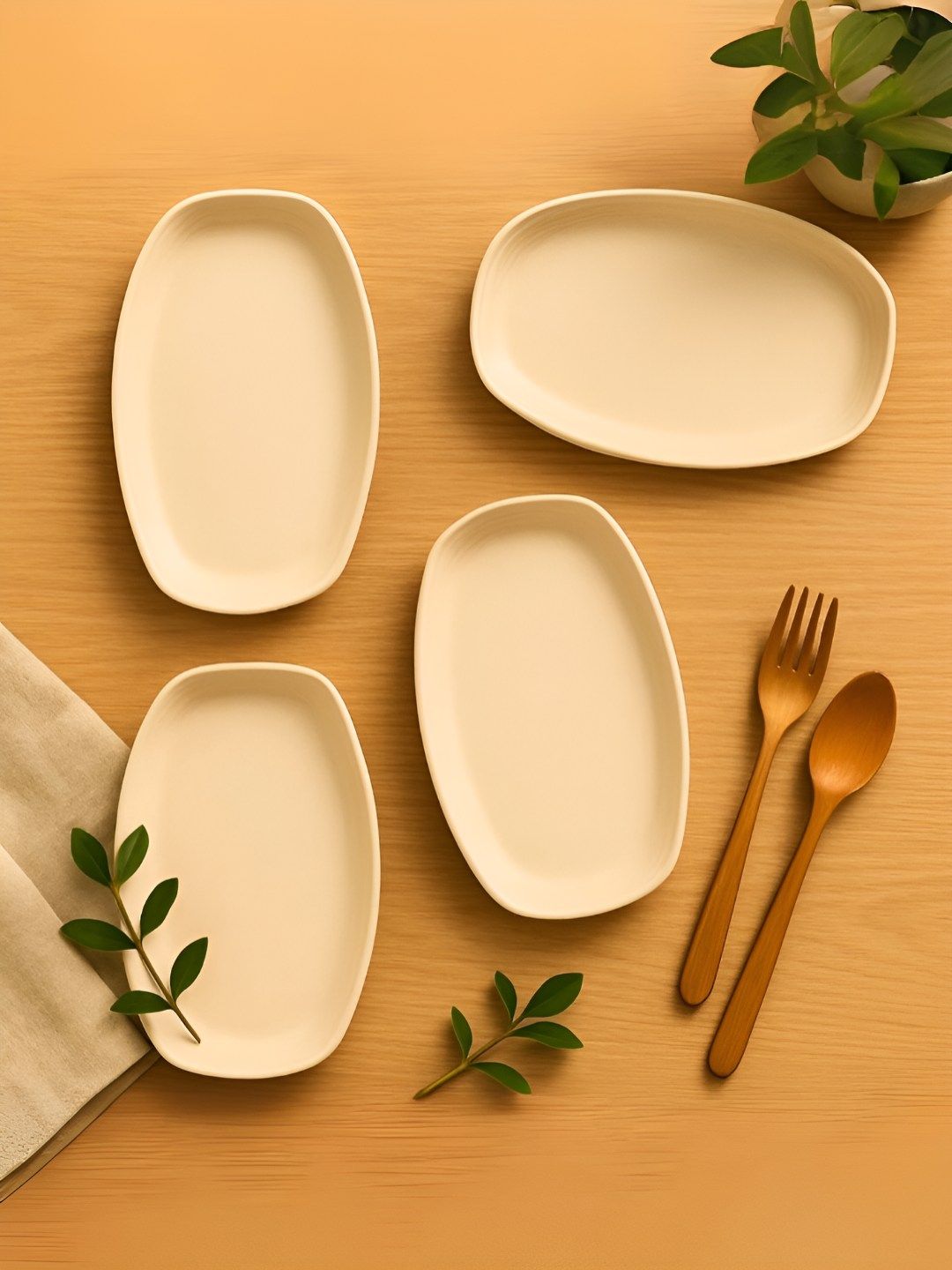Myntra Elegant Homes Beige 4 Pieces Bamboo Dishwasher & Microwave Safe Oval Shaped Plates