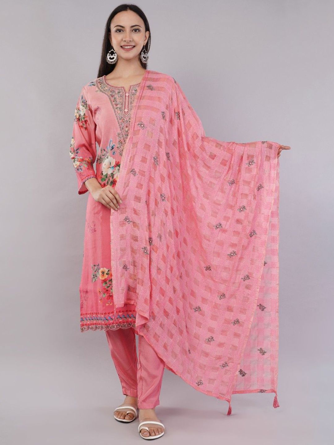 JIDI FASHION Floral Printed Round Neck Straight Kurta & Trousers With Dupatta
