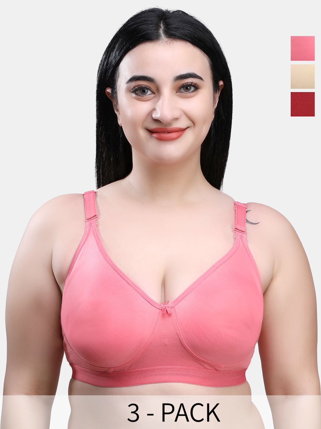 SKDREAMS Cotton Blend Seamless Non Padded Non-Wired Women Pack of 3 Full Coverage Bra