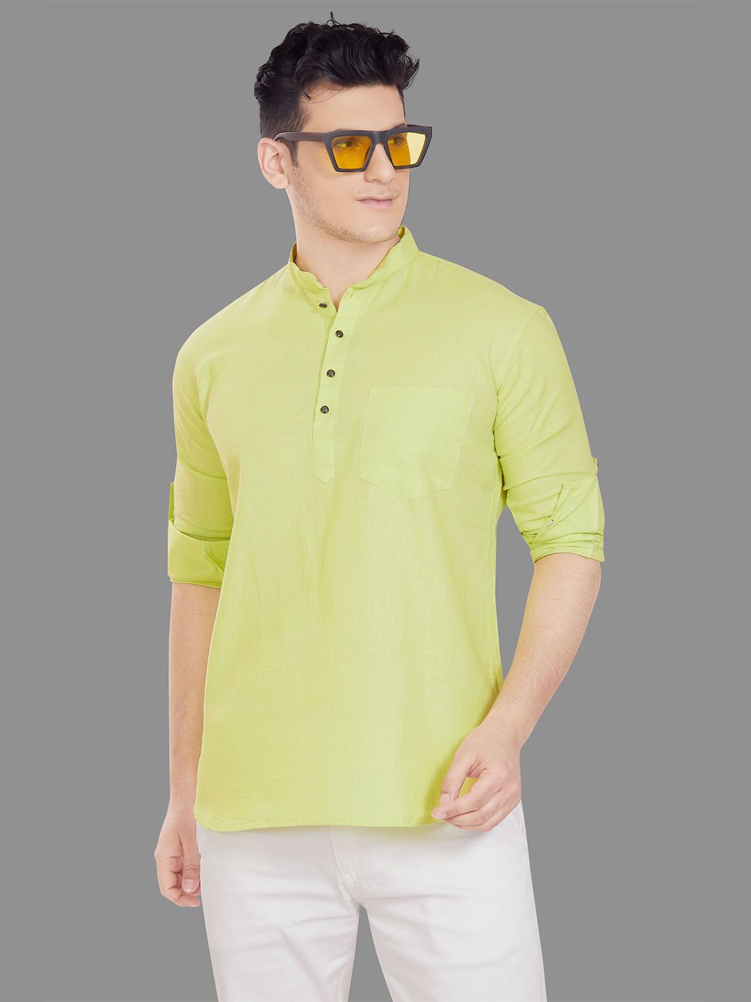 PulseIQ Men Solid Mandarin Collar Pure Cotton Relaxed Fit Short Kurta