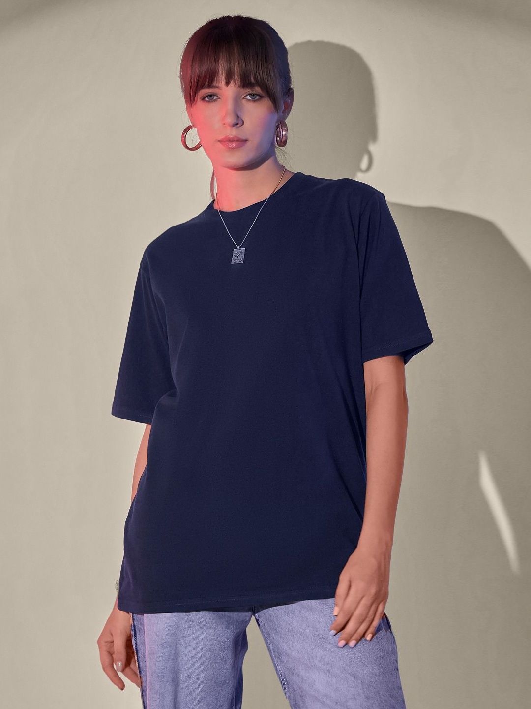 QIOA Round Neck Drop-Shoulder Sleeves Cotton Oversized T-shirt