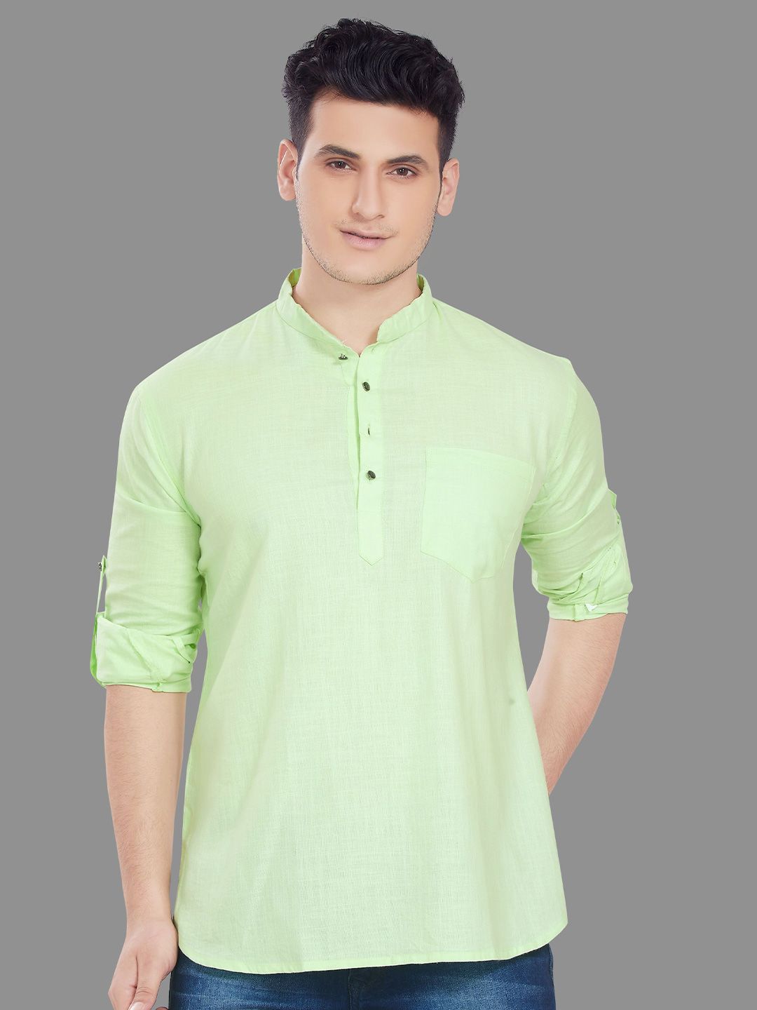 PulseIQ Men Mandarin Collar Pure Cotton Relaxed Fit Short Kurta
