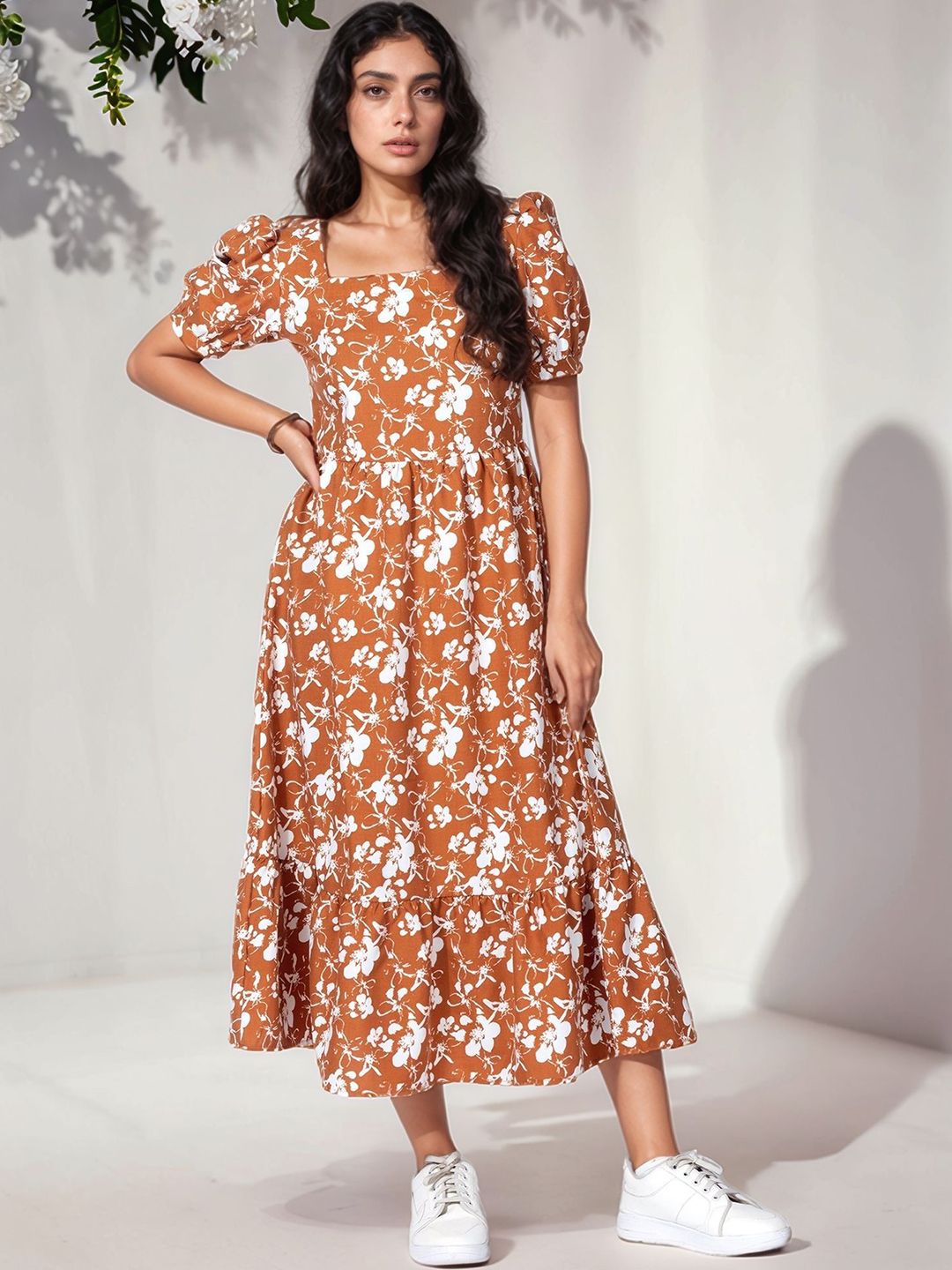 Murcia Women Floral Print Puff Sleeve Peplum Midi Dress