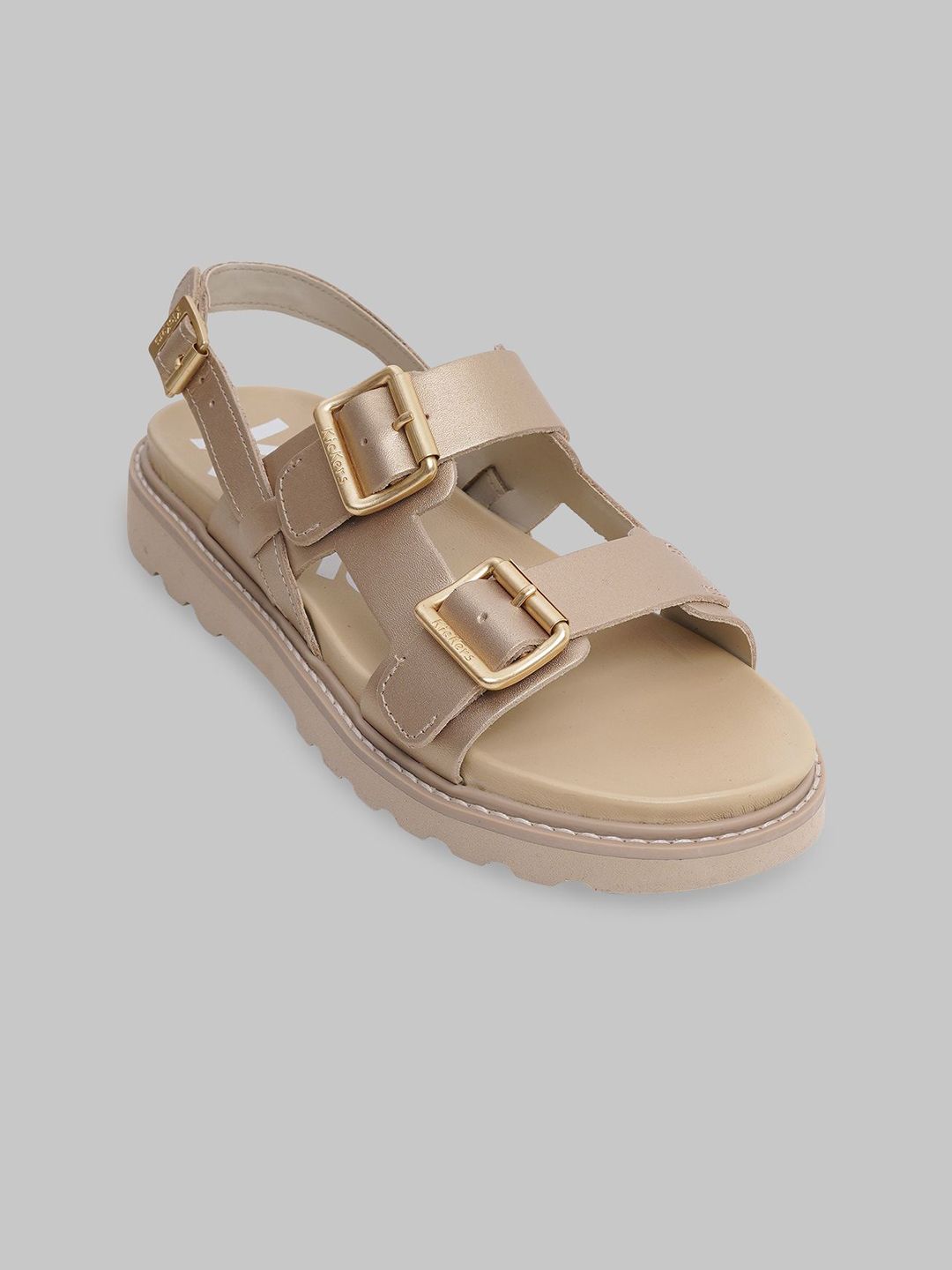 Kickers Women Leather Open Toe Flats with Buckles
